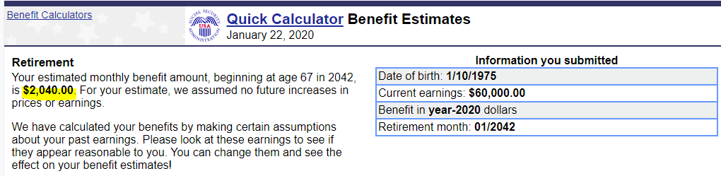 Sample benefit estimate using Social Security quick calculator tool at ssa.gov/OACT/quickcalc
