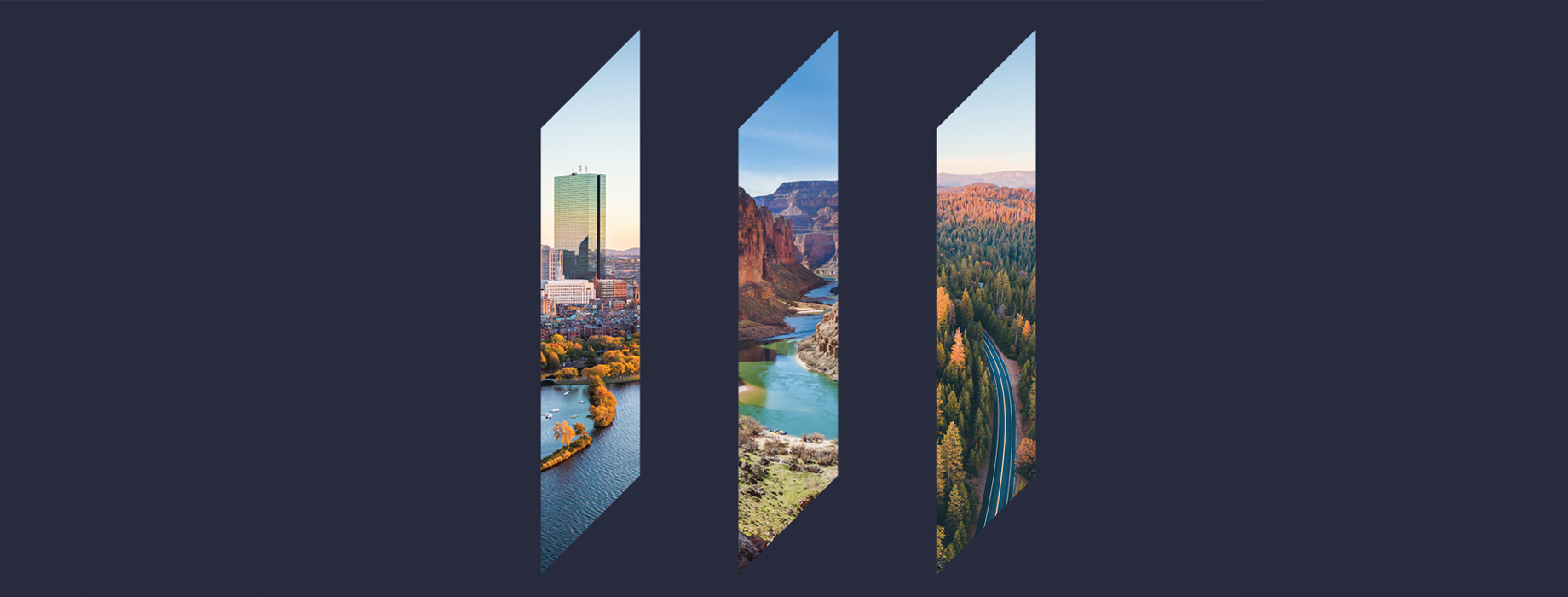 Three different landscape scenes positioned together to look like the letter M in the Manulife logo