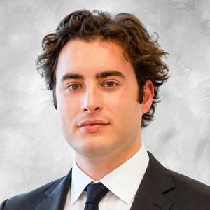 Square headshot of a man with neatly styled hair and composed features captured mid-gulp, for a professional client portrait.